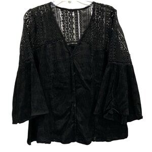 Black Crochet Tunic Top Womens M Lace Sheer Blouse Boho Flowy Hippie Whimsigoth